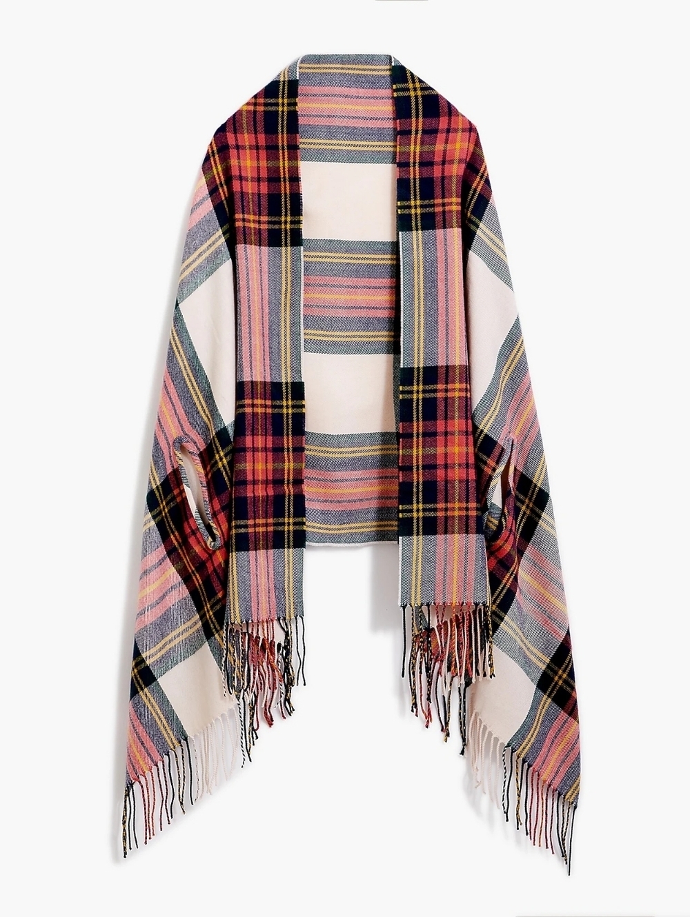 J.Crew Plaid Fringe Cape Scarf Shawl in Pink, Navy & Yellow.